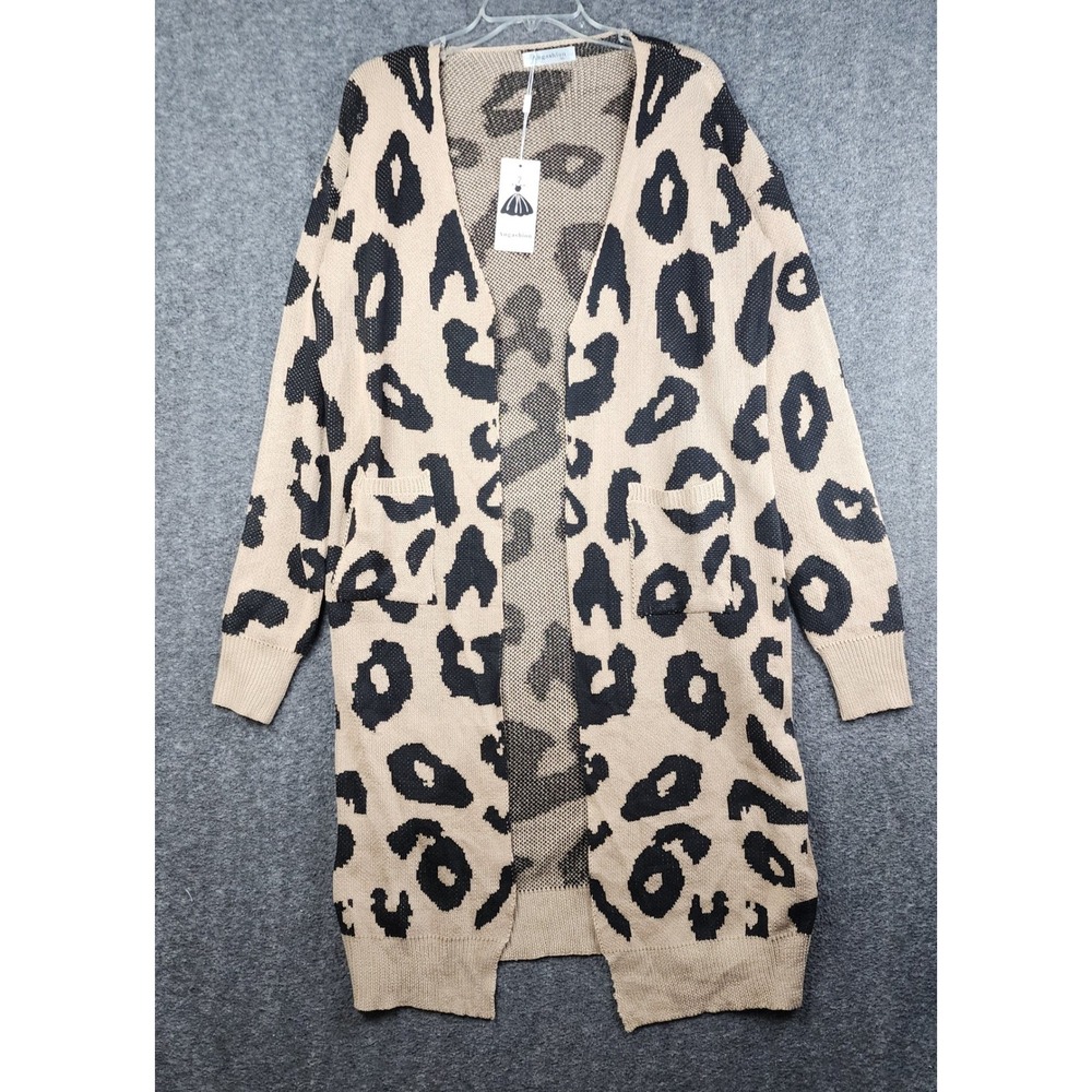 Angashion Cardigan Womens XL Tan Black Leopard Print Open Front Longline NWT
